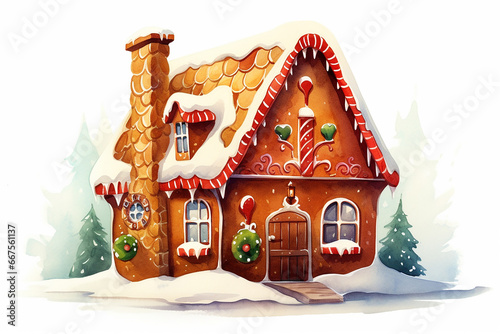 A gingerbread house painted in watercolor on a white background © frimufilms