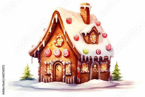 A gingerbread house painted in watercolor on a white background