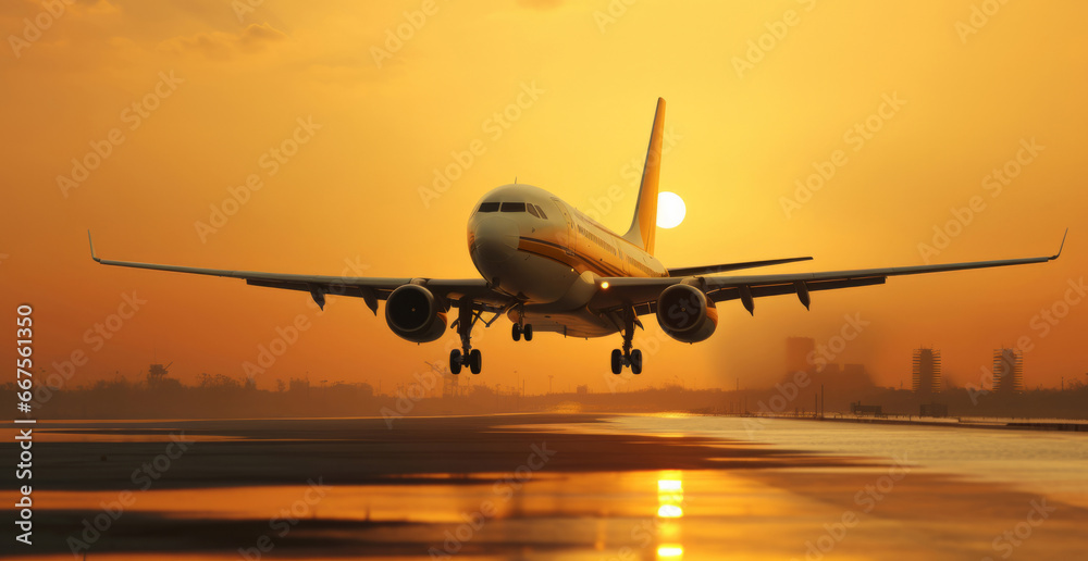 Passenger plane seen landing during sunset. Travel concept.