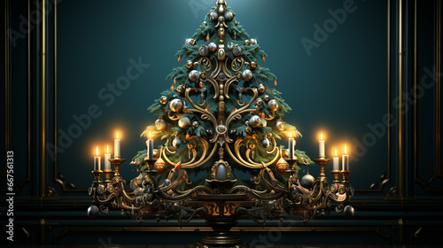 Decorated gold Christmas tree with golden patchwork ornament artificial star hearts presents for new year