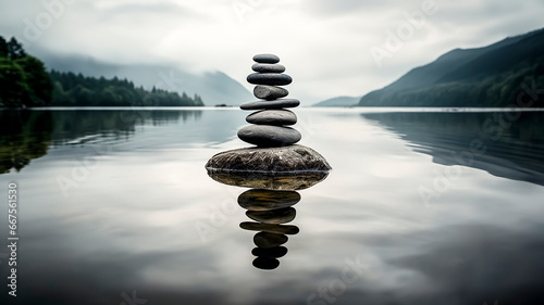 Stacked stones on the shore of a lake. Zen concept.