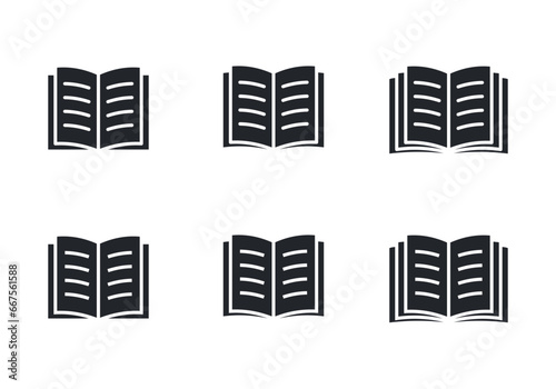 Filled open book with text on pages vector icon set. Copybook with two and three open page.