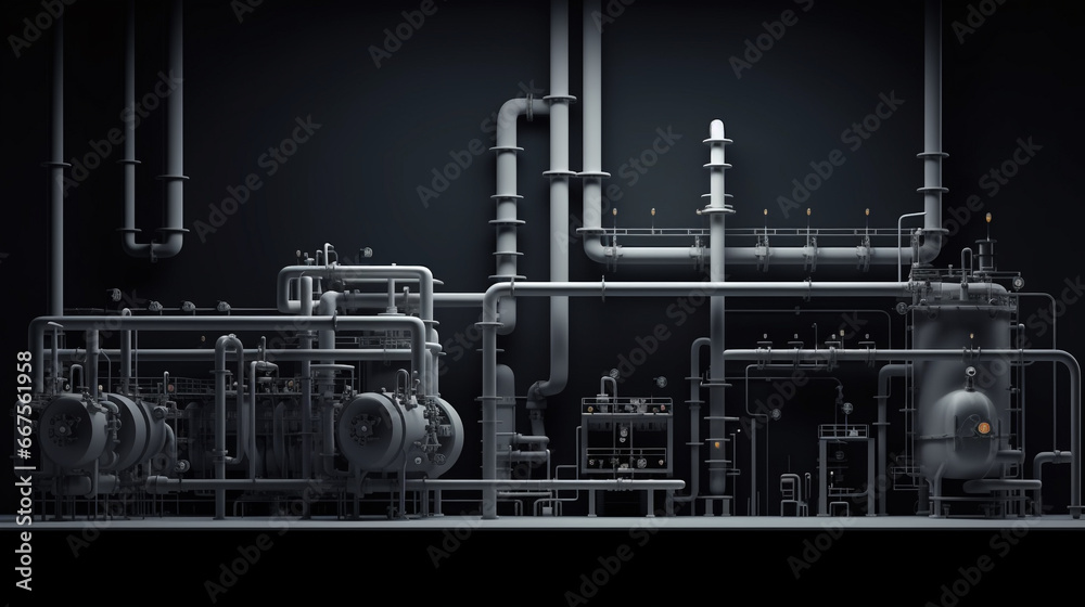 Fototapeta premium 3d Power plant background with copy space, steel tanks, pipes, boilers, and steam. Clean H2 energy concept