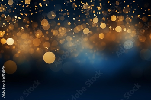 abstract background with blue and gold particle. Christmas Golden light shine particles bokeh on navy blue background.