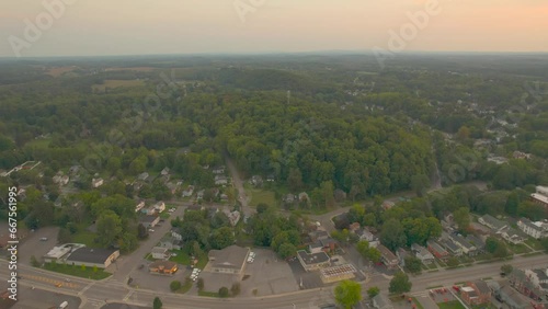 A drone shot of the trees just off of Main Street. Downtown Palmyra in New York State USA. Also the location of the beginnings of Mormonism. Book of Mormon. Joseph Smith photo