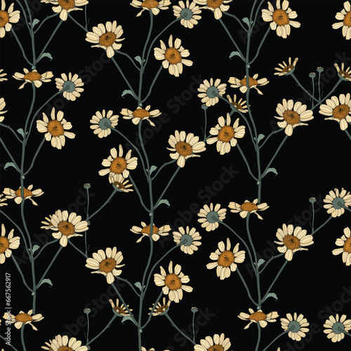Camomile daisy flowers seamless pattern illustration. Floral seamless pattern simple colored flowers background. For textile, wallpaper, wrapping paper, print, greeting. © Виктор Фесюк