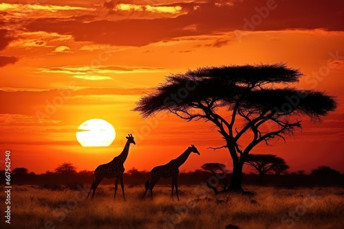 African safari sunset panoramic background with silhouette of the animals photo