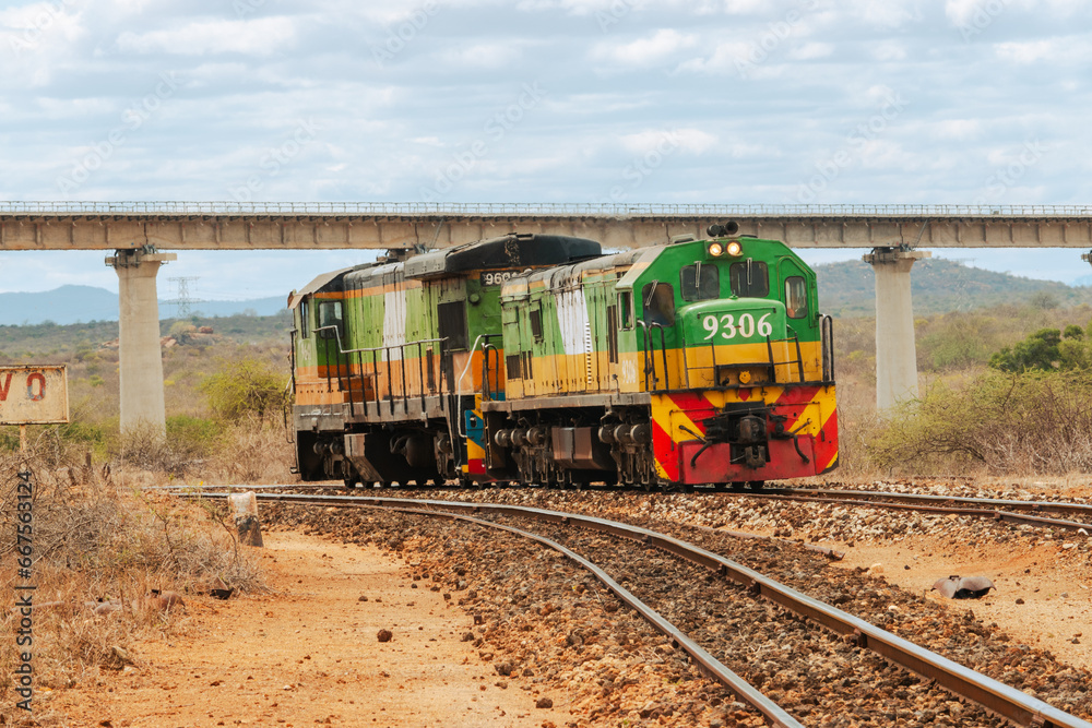 An old diesel train in the wild at Tsavo East National Park, Kenya