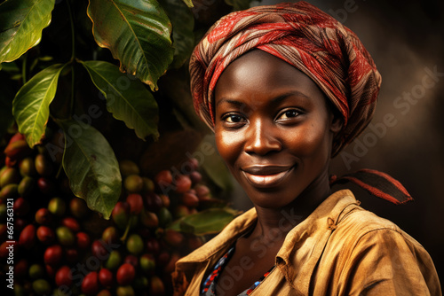 Portrait of a young African woman working on the coffee plantation photo