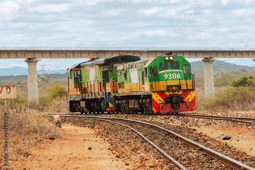 An old diesel train in the wild at Tsavo East National Park, Kenya
