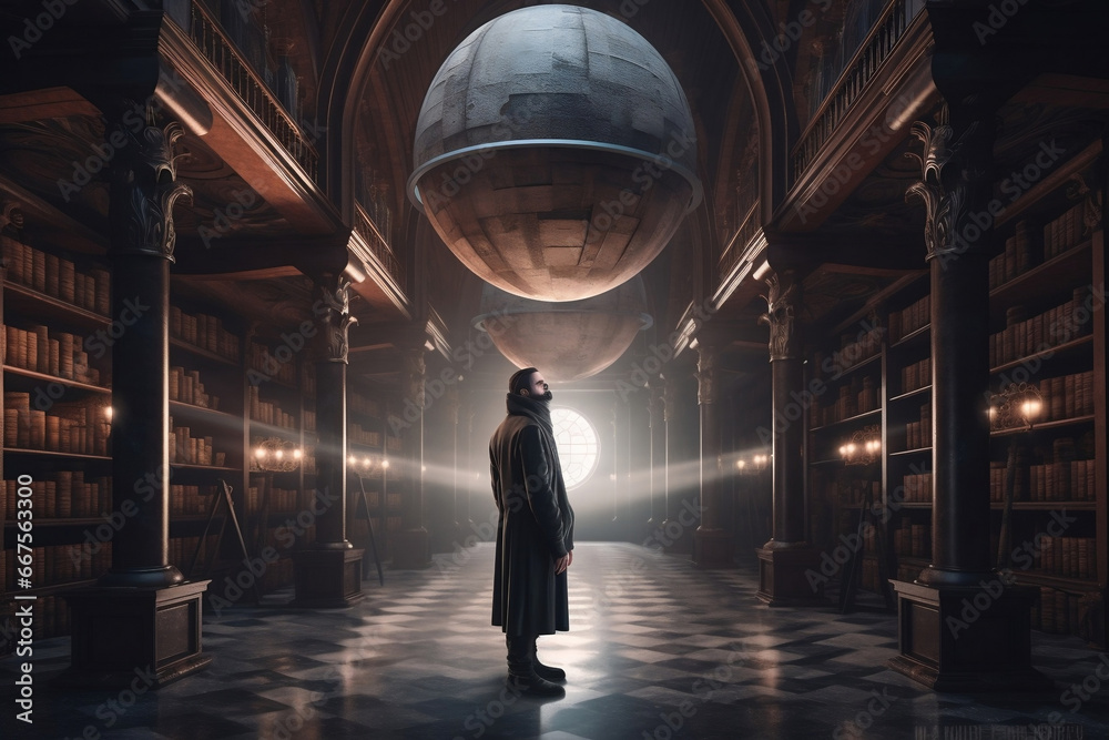 Man standing in mysterious astrological library looking on globe generative ai - obrazy, fototapety, plakaty 