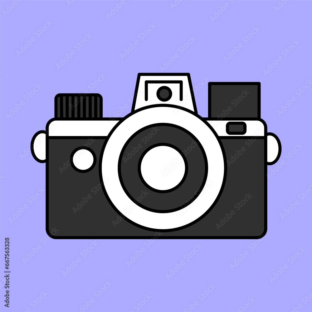 Cute camera drawn in flat style on a lilac background. Retro camera, photography, vintage element. Cute camera drawn in flat style on a lilac background. Retro camera, photography, vintage element.