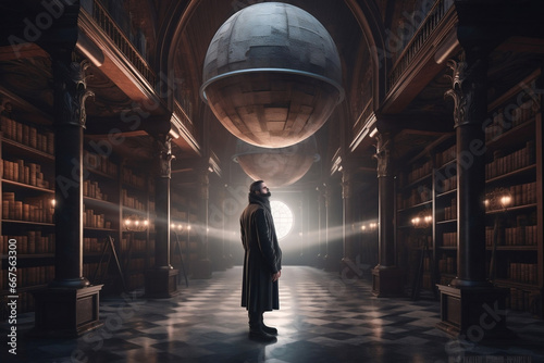 Man standing in mysterious astrological library looking on globe generative ai photo
