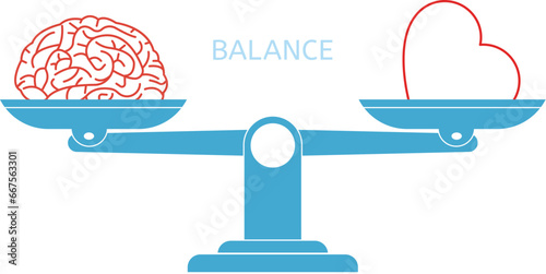 Stylized vector heart and brain scales. Balance of life concept. Intellect and feelings competition. Harmony in decisions. Mental and physical health psychology.