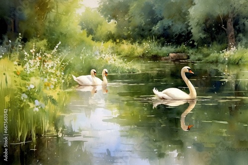 A watercolor artwork portraying a serene pond in summer adorned with two elegant swans. Generative AI