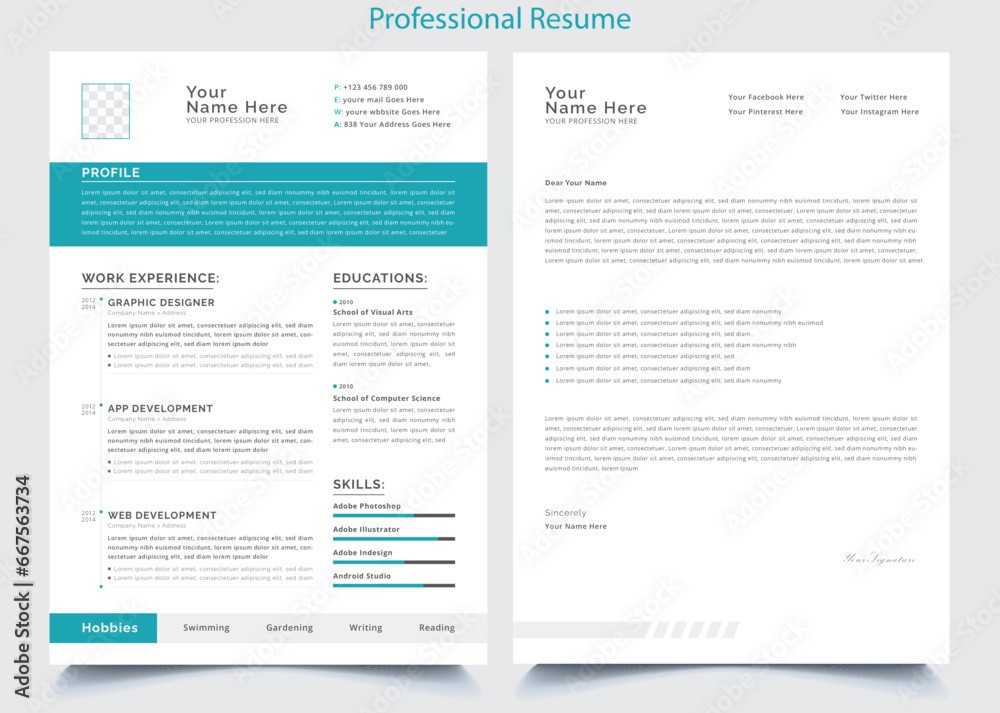 Professional CV resume template design and letterhead / cover letter - vector minimalist - black and white