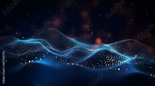 Data technology illustration. Abstract futuristic background. Wave with connecting dots and lines on dark background. Wave of particles. hologram. blue wave background