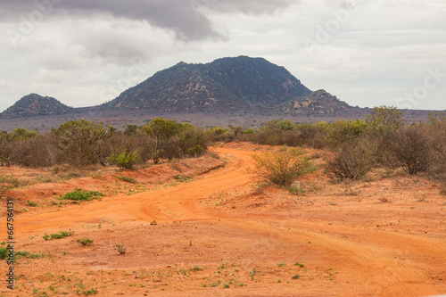 A dirt road in the wild at Tsavo East National Park, Kenya