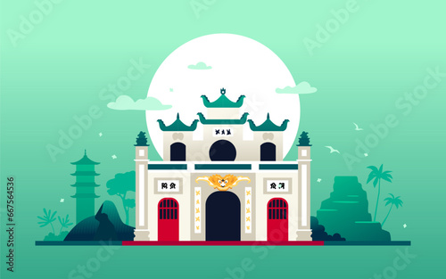 Quan Thanh Temple - modern colored vector illustration