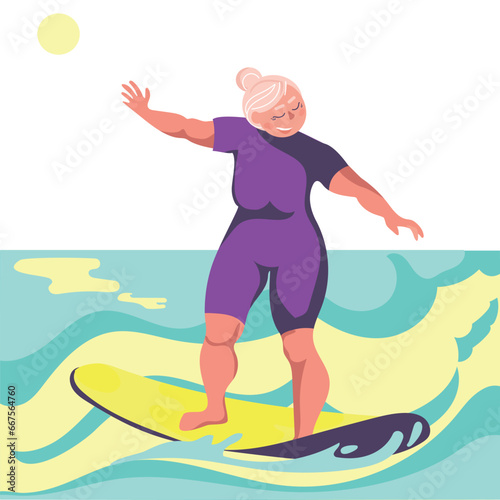 Active seniors on vacation concept.Positive Old lady riding a surfboard on sea waves.Vector illustration in modern style.Modern seniors and active old age.Cute granny surfing