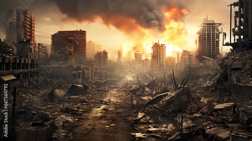 A post-apocalyptic ruined city. Destroyed buildings, burnt-out vehicles and ruined roads. 3D rendering. 3D Illustration