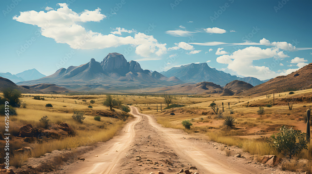 Mountain desert texas background landscape.  road in the desert