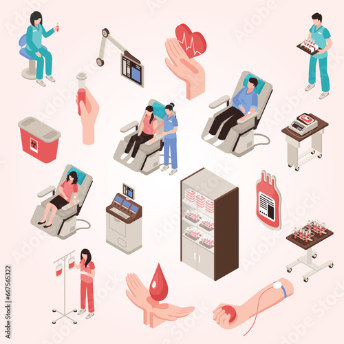 blood donor chair professional staff medical equipment set isometric icons isolated illustration