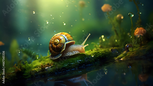 Macro photo of snail on mossy wood in rainy forest, snail on green natural background