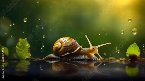 Macro photo of snail on mossy wood in rainy forest, snail on green natural background