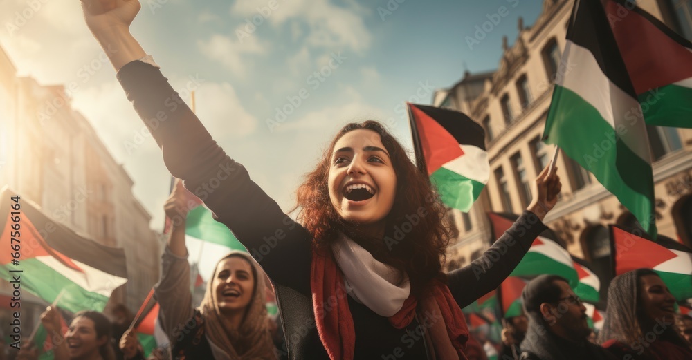 Fototapeta premium Palestinian youth engaged in the Friedensparade, their faces illuminated with pride
