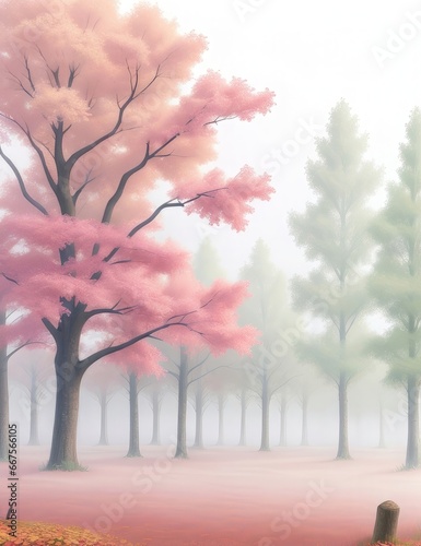 Drawing in pastel colors a natural landscape of the autumn forest in a fog scene with trees in imaginary colors like a dream