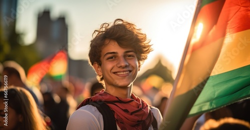 Palestinian youth engaged in the Friedensparade, their faces illuminated with pride
