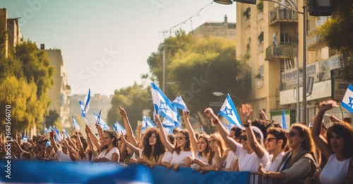 bustling streets during Israel's Peace Parade, showcasing lively dances, music, and Israeli flags