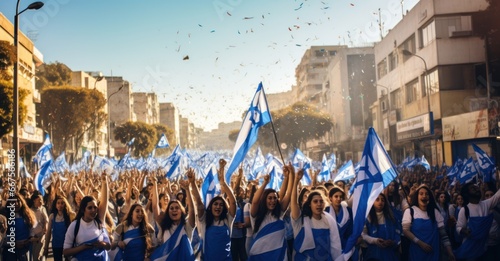 bustling streets during Israel's Peace Parade, showcasing lively dances, music, and Israeli flags