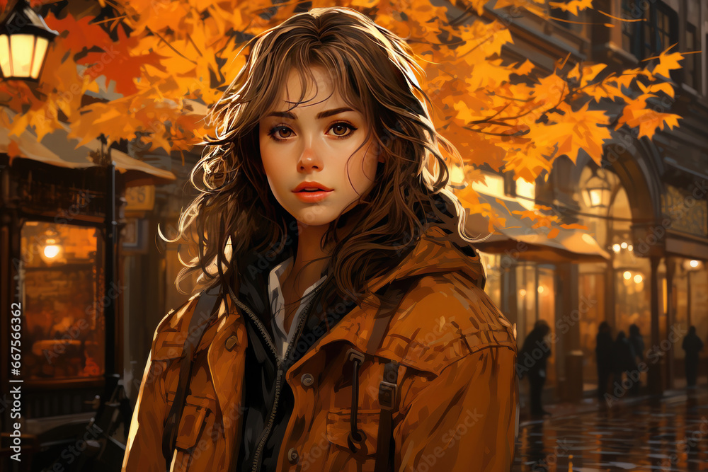 Portrait of a beautiful cute girl on an autumn background