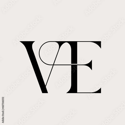 VE monogram logo signature icon. Elegant intertwined alphabet initials. Serif letter v, letter e. Luxury lettering sign. Modern deco design, fashion, beauty spa, wedding style characters typography.