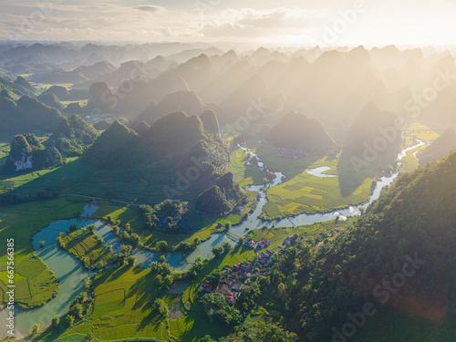 Aerial landscape in Phong Nam valley, an extreme scenery landscape at Cao bang province, Vietnam with river, nature, green rice fields