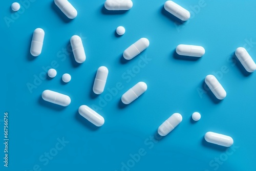 Simplistic medical pills on blue background. Generative AI