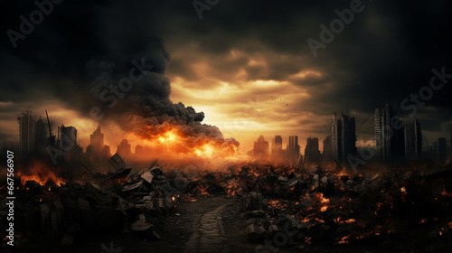 A post-apocalyptic ruined city. Destroyed buildings  burnt-out vehicles and ruined roads. 3D rendering. 3D Illustration