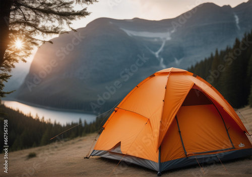 Camping tent with nature landscape background