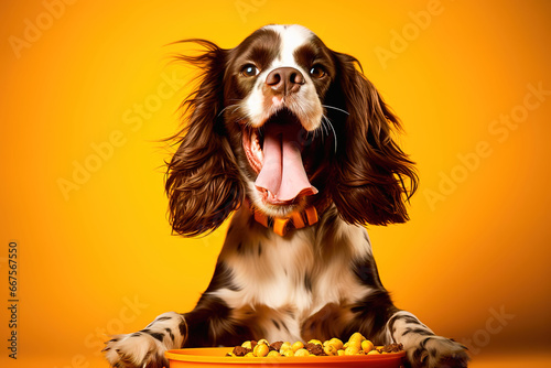 Happy dog with food bowl on yellow background.