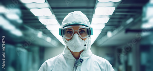 Woman lab worker wearing protective goggles and glasses photo