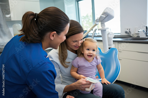 A dentist and dental hygienist working to provide a child with a thorough dental check-up.