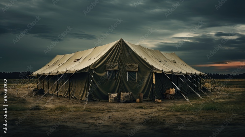 a very large military tent standing in a vast field, highlighting the strategic importance of field camps. Ideal for military and defense concepts