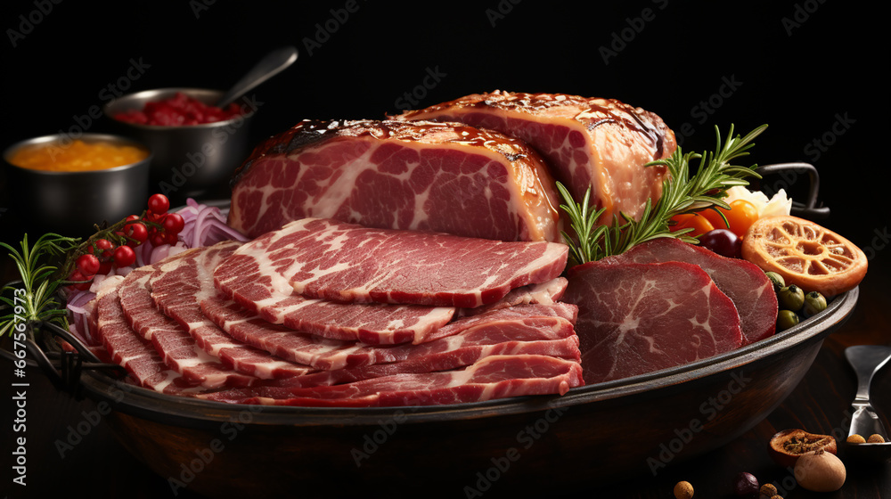 Lot of different raw meat in basket on wooden table on wooden background