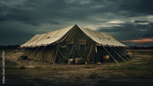 a very large military tent standing in a vast field  highlighting the strategic importance of field camps. Ideal for military and defense concepts