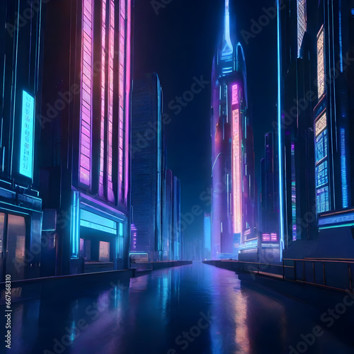 Dystopian Cyberpunk City: A dark, neon-lit cyberpunk cityscape with holographic advertisements, towering skyscrapers, and a sense of impending technological dystopia.