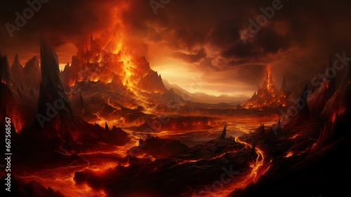 End of the world, the apocalypse, Armageddon. Lava flows flow across the planet, hell on earth, fantasy landscape inferno magma volcano