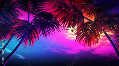 Colorful beach party background illustration, neon palm trees against the night sky, rave festival design © kasha_malasha