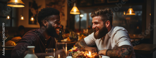 Happy homosexual interracial couple having date at restaurant